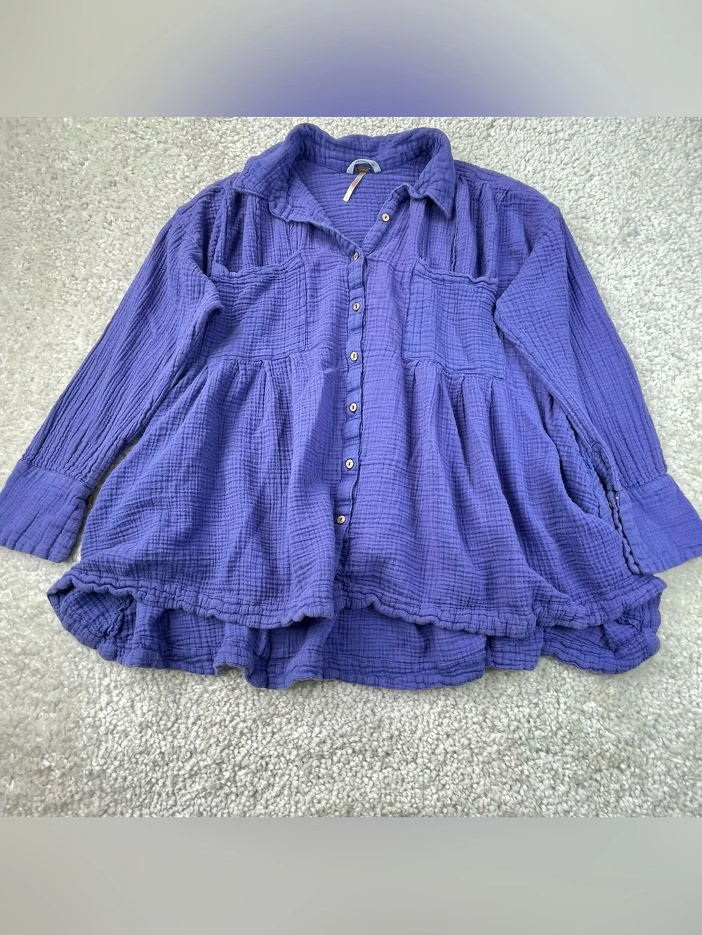 Free people purple gauze peplum top button front oversized flowy large